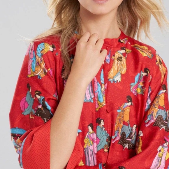 Natori Women’s L Red Poly-Satin With Colorful Figures Half-Zip Robe/Caftan - Picture 12 of 12